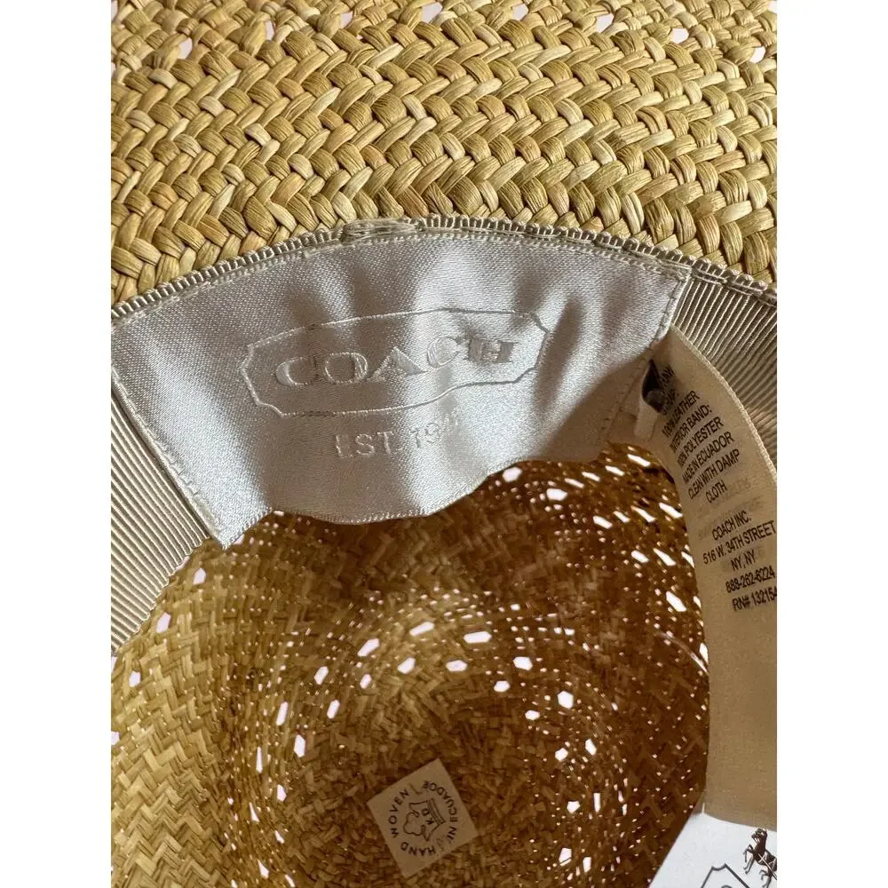 Coach Natural Straw Wide Brim Floppy Sun Hat Yellow Leather Trim One Size NWT - Picture 7 of 11
